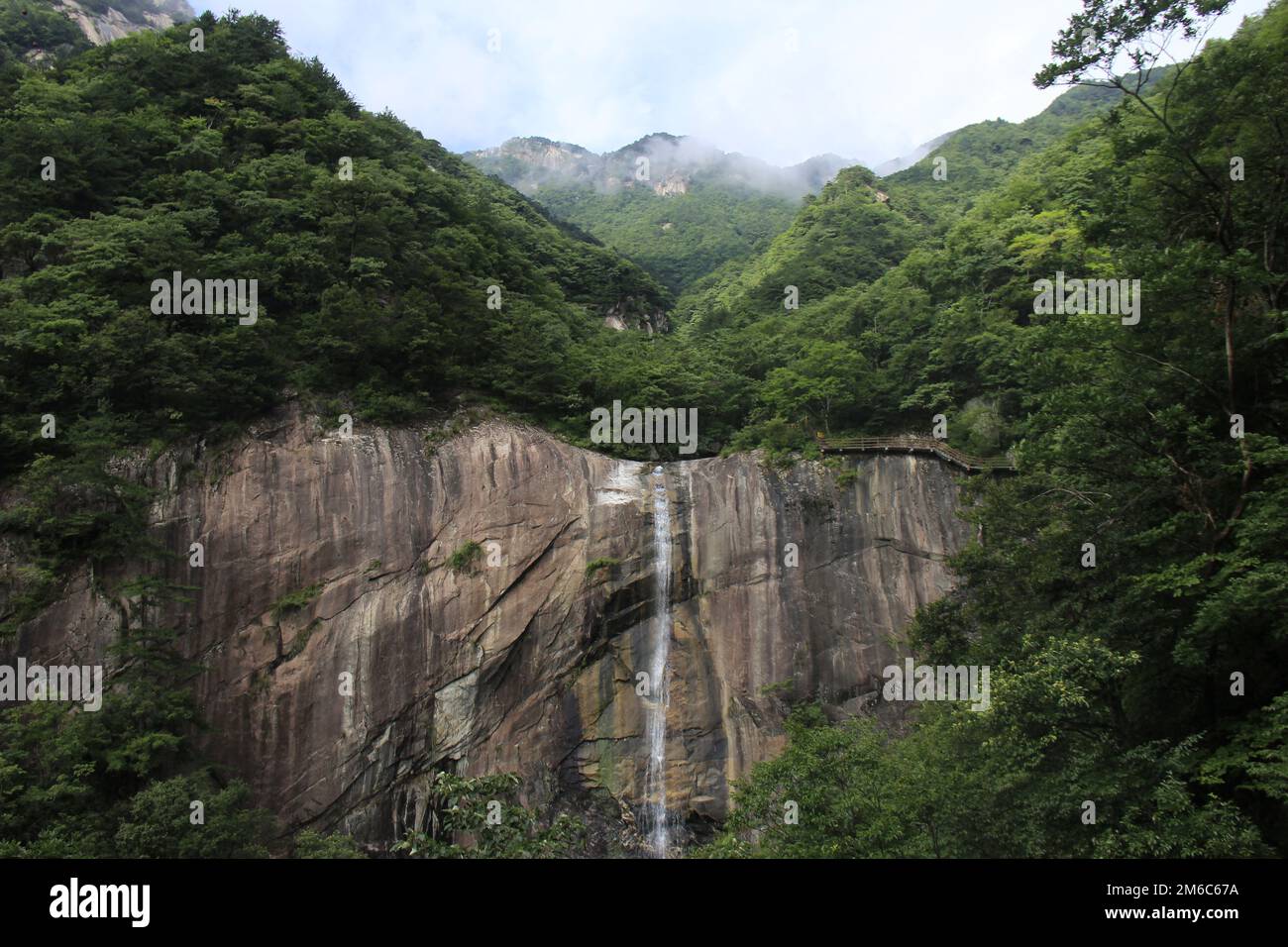 A breathtaking shot of a waterfall streaming from a hill in a green ...