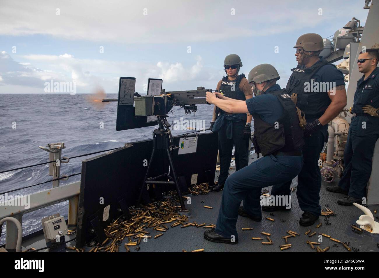 Philippine Sea. 3rd Jan, 2023. U.S. Navy Sailors participate in a live-fire weapons qualification aboard the Arleigh Burke-class guided-missile destroyer USS Decatur (DDG 73). Decatur, part of the Nimitz Carrier Strike Group, is currently underway in 7th Fleet conducting routine operations. 7th Fleet is the U.S. Navy's largest forward-deployed numbered fleet, and routinely interacts and operates with 35 maritime nations in preserving a free and open Indo-Pacific region. Credit: David Negron/U.S. Navy/ZUMA Press Wire Service/ZUMAPRESS.com/Alamy Live News Stock Photo