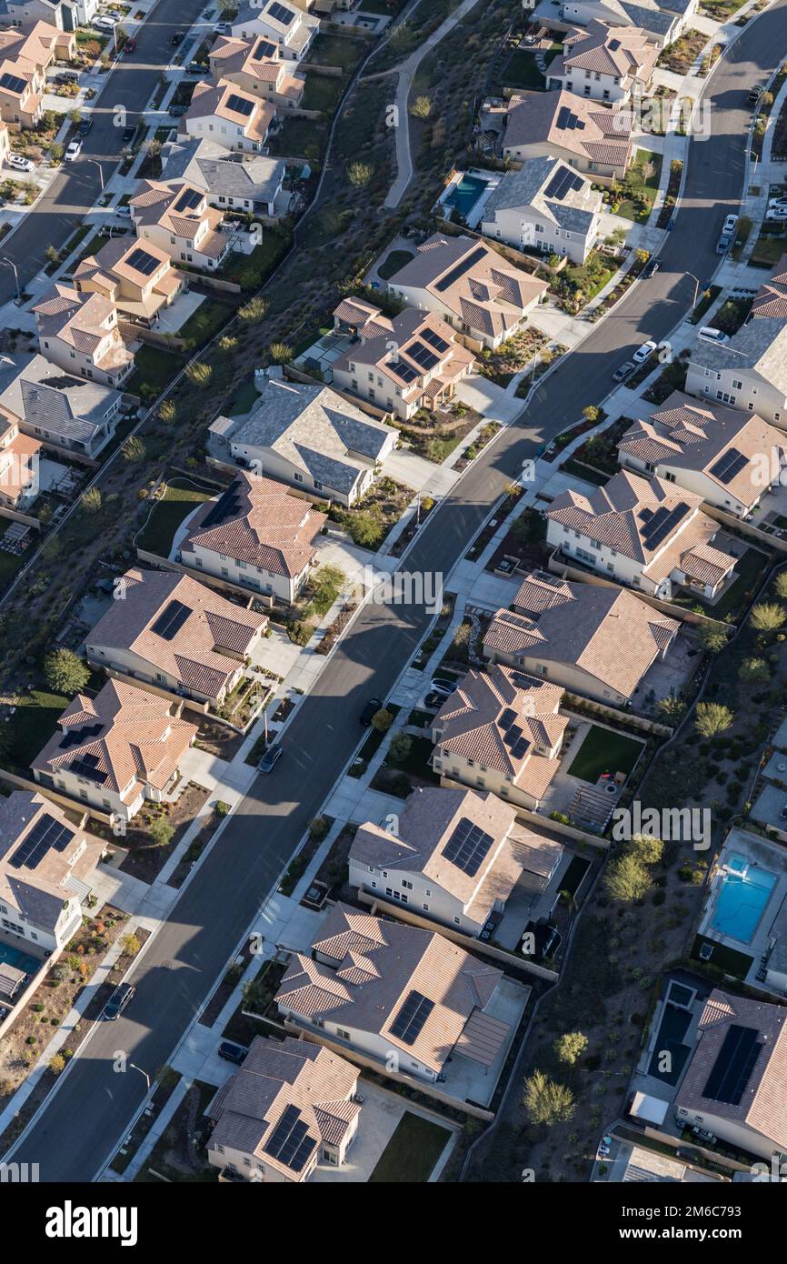 Aerial view of suburban street in the Santa Clarita community of Los