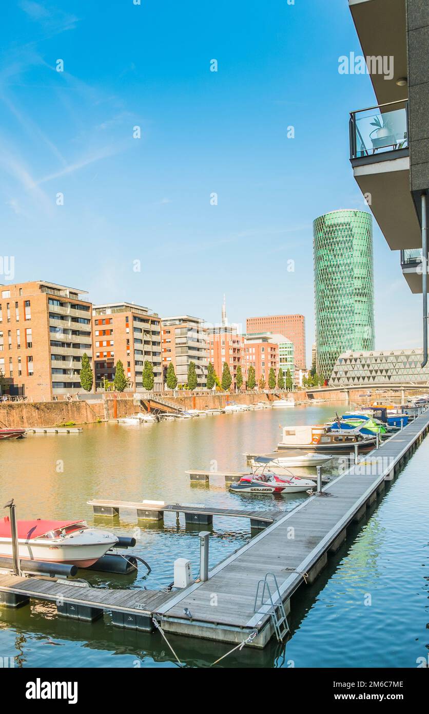 New westhafen residential buildings with westhafen tower in background Stock Photo