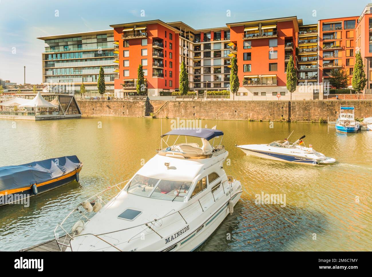 Residential buildings, moorings and pleasure boats , frankfurt, westhafen Stock Photo