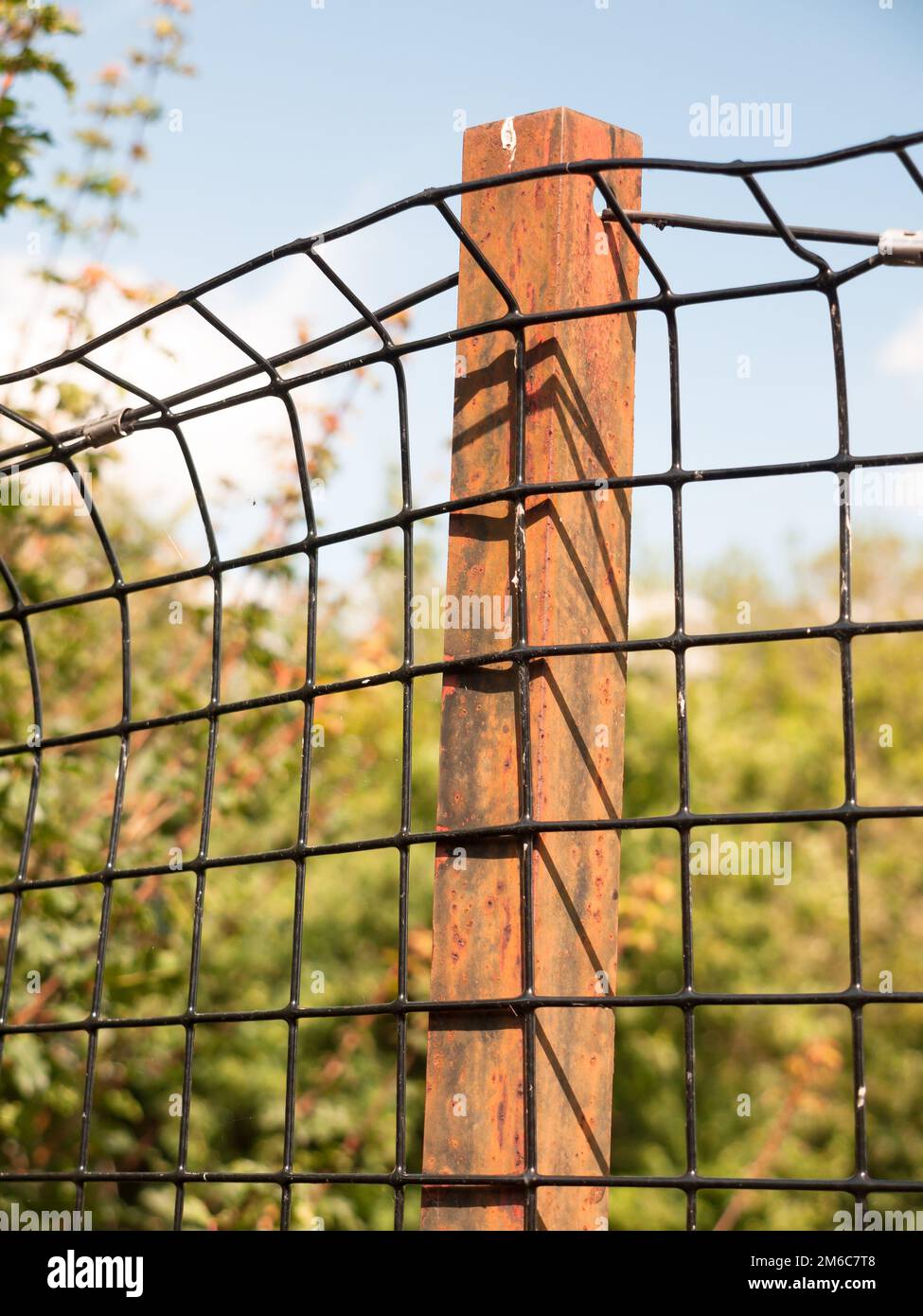 Rusted metal iron bar holding a wire mesh on protected field Stock Photo