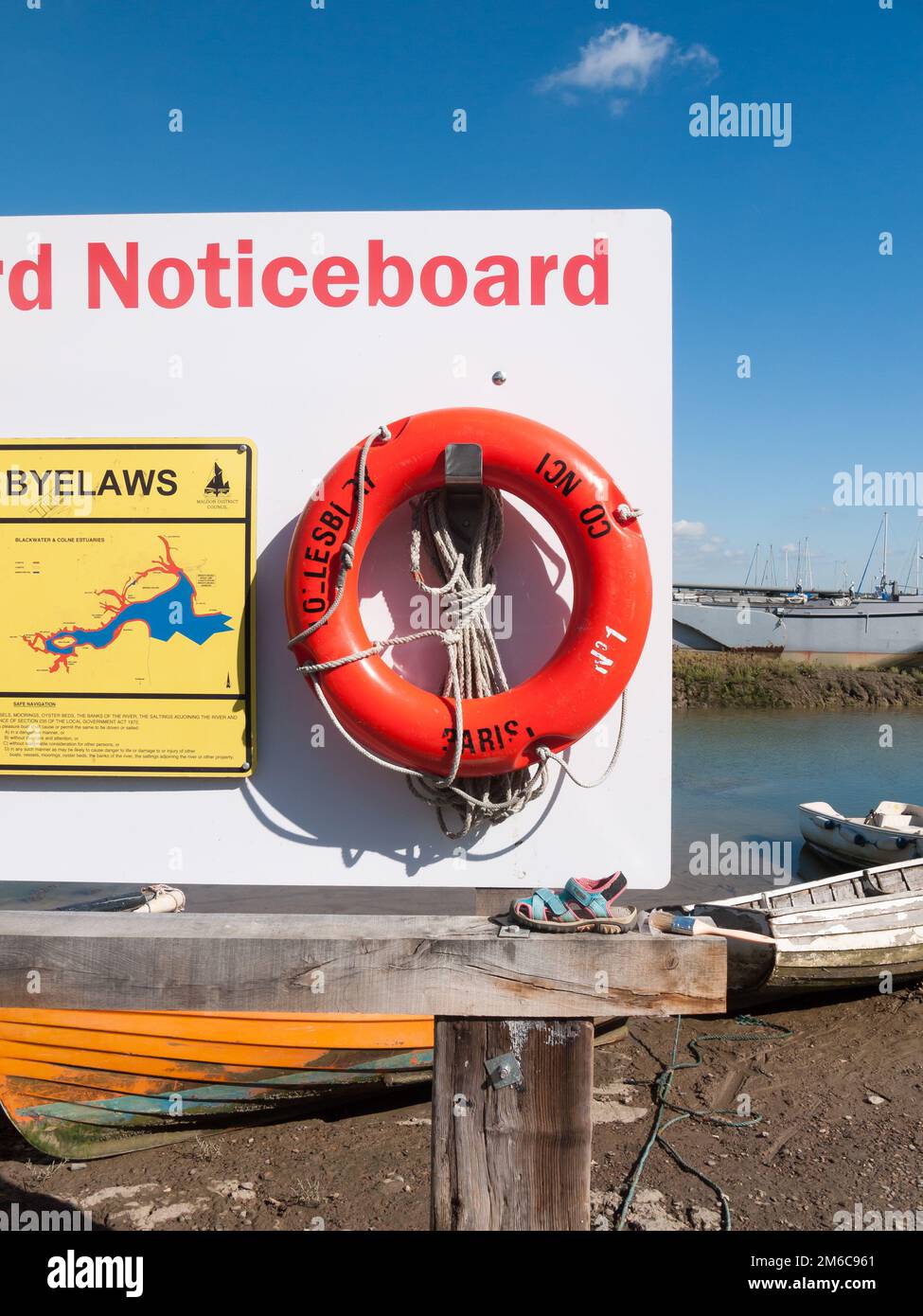 Close up of red life buoy on notice board dock safety from drowning Stock Photo