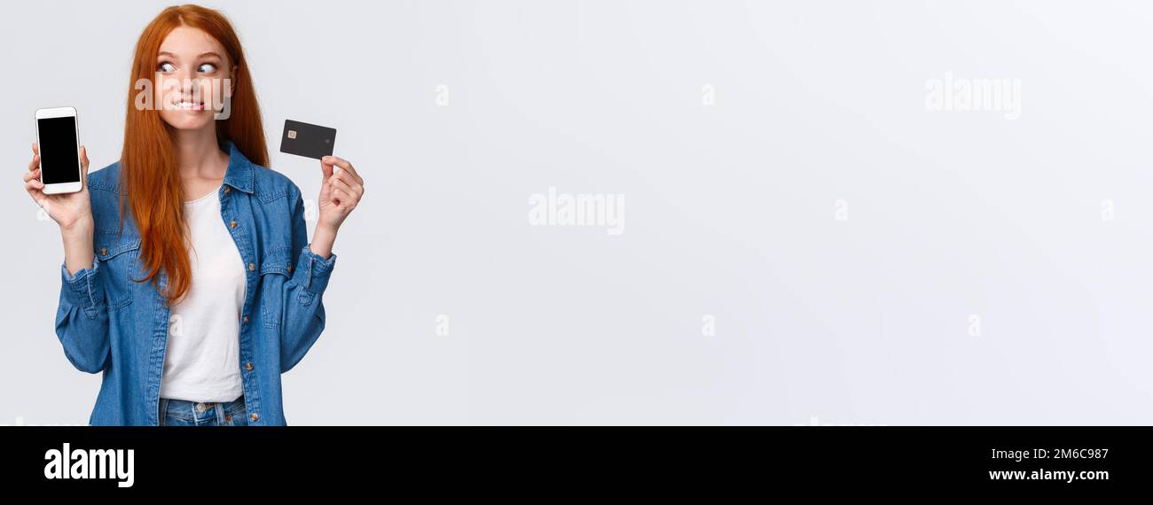 Shopaholic cant hold herself want buy something online. Eager and