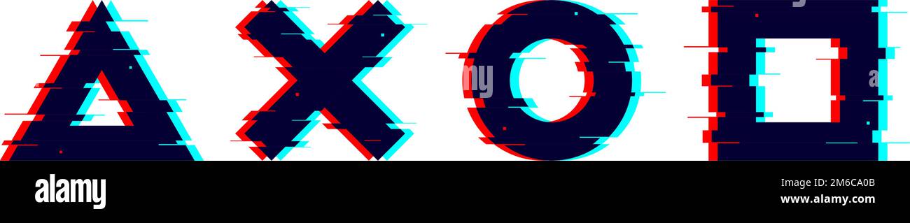 Glitch distorted geometric shapes set. Cross, square, triangle, hexagon ...