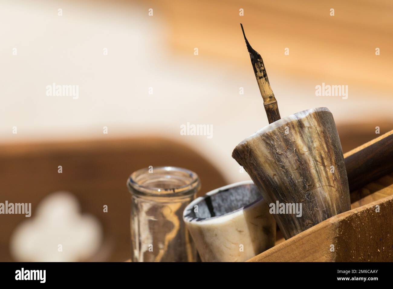 Traditional medieval writing calligraphy illumination tools, ink Stock Photo