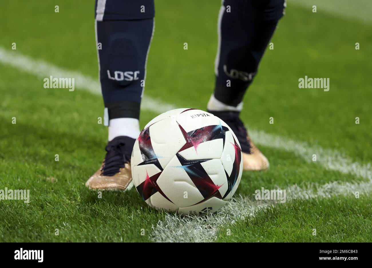 Kipsta by Decathlon official matchball during the French championship Ligue  1 football match between LOSC Lille (LOSC) and Stade de Reims on January 2,  2023 at Stade Pierre Mauroy in Villeneuve-d'Ascq near