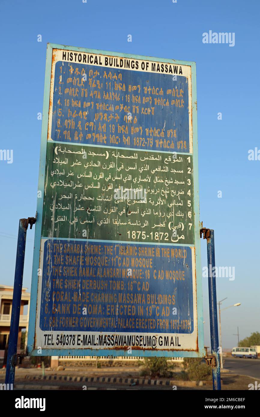 Tourist information sign in the Eritrean port city of Massawa Stock Photo