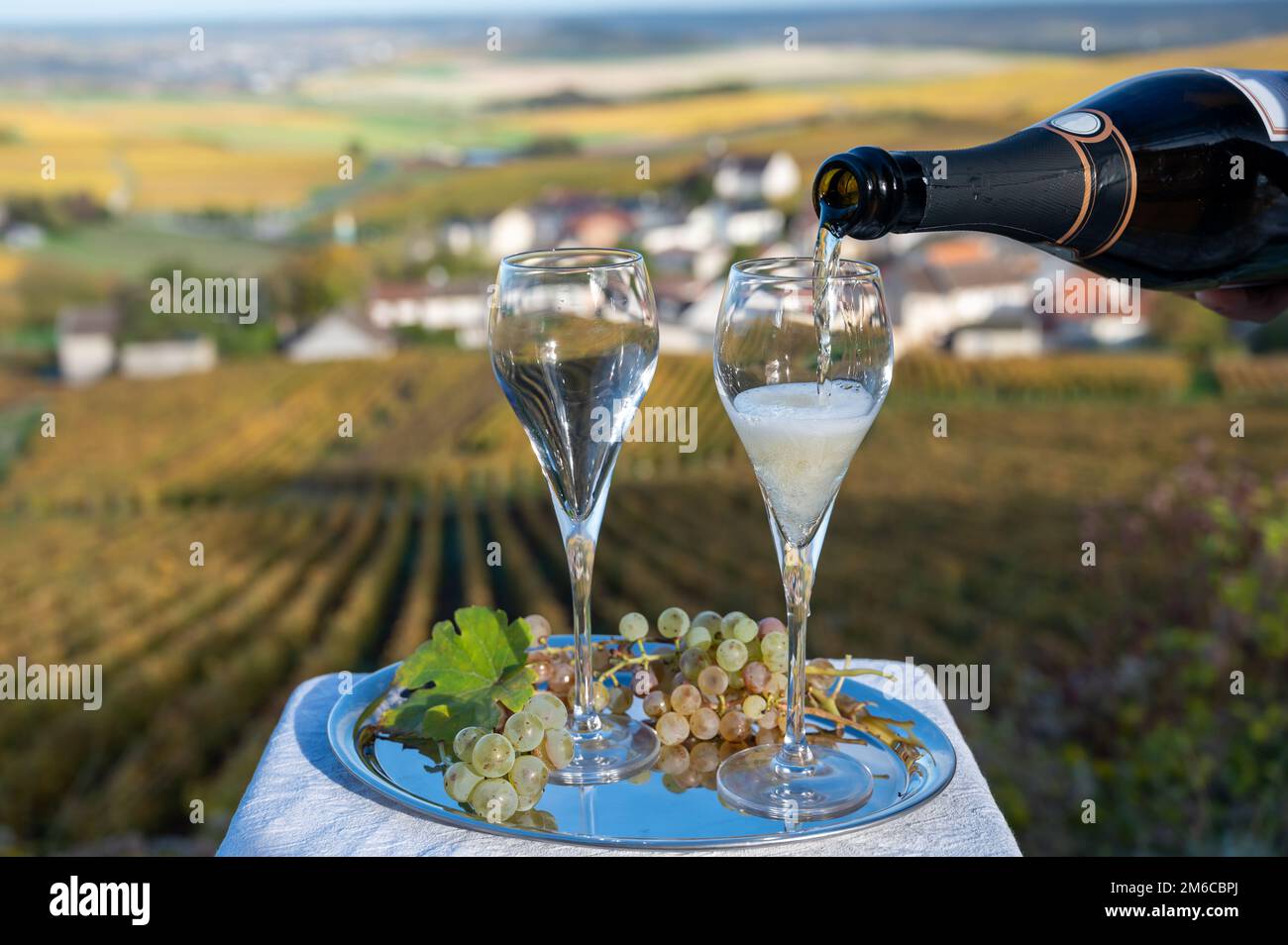 Tasting of french sparkling white wine with bubbles champagne on outdoor  terrace with view on colorful grand cru Champagne vineyards in village  Craman Stock Photo - Alamy