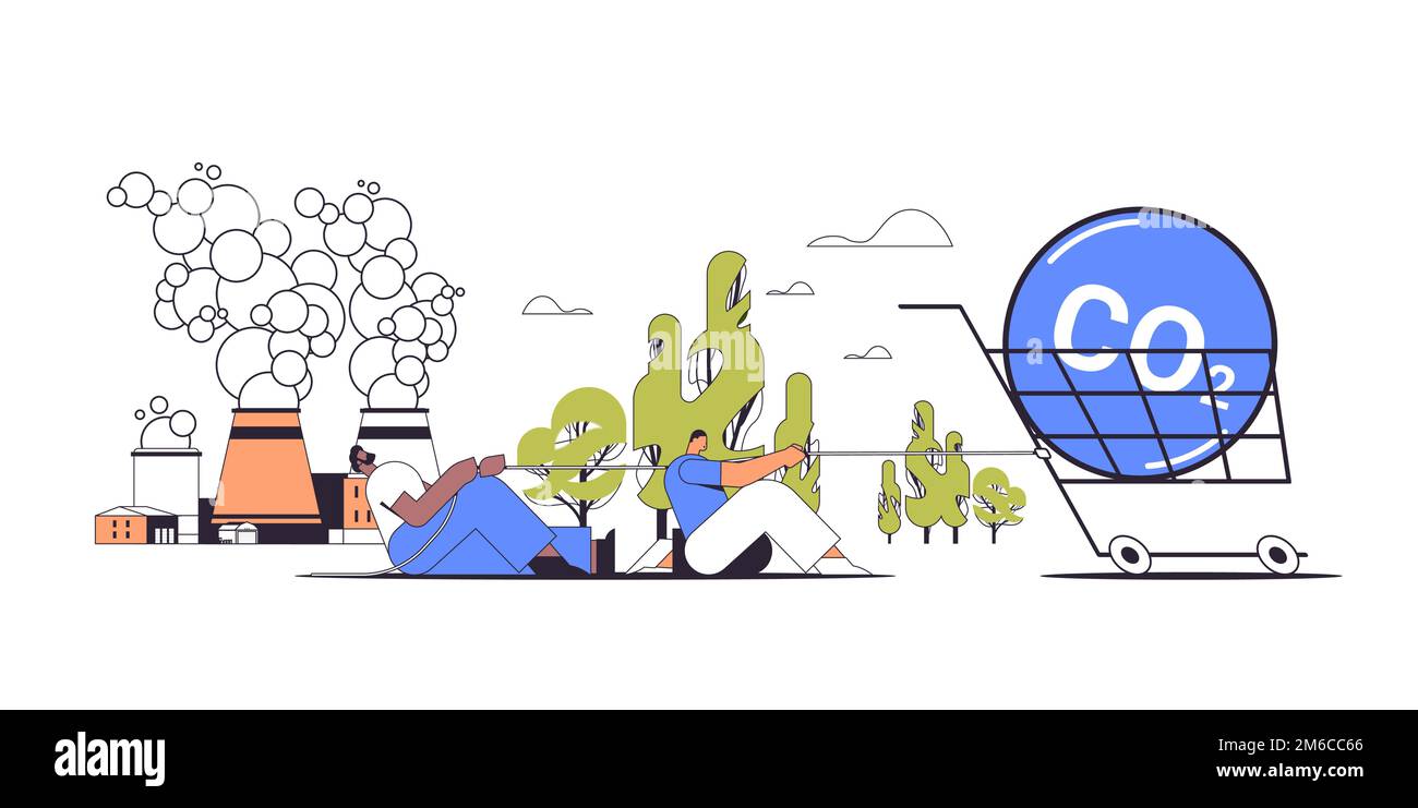 businesspeople pulling trolley cart with CO2 sign responsibility of co2