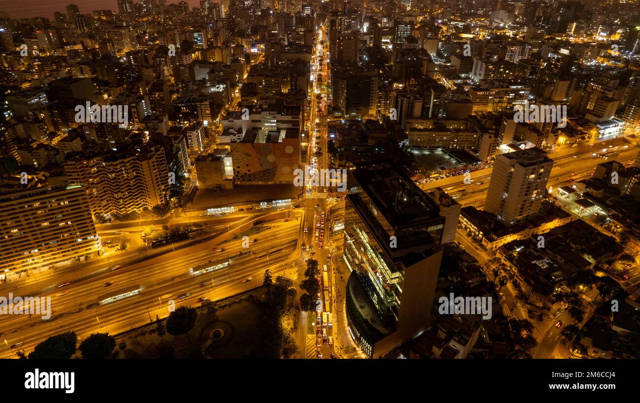 Excellent night aerial view of Av. Alfredo Benavides and Vía Expresa