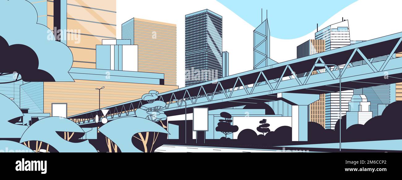 highway road to city skyline with modern skyscrapers and subway ...