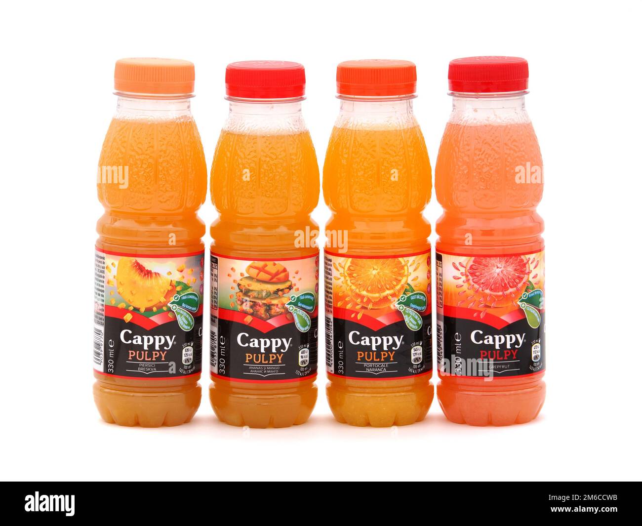 BUCHAREST, ROMANIA - JANUARY 16, 2020. Bottles of Cappy Pulpy fruit ...