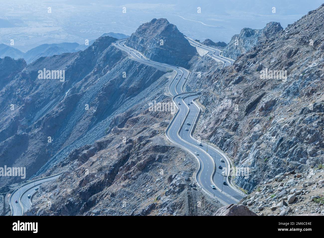 Al Hada Mountain in Taif City, Saudi Arabia with Beautiful View of Mountains and Al Hada road inbetween the mountains. Stock Photo