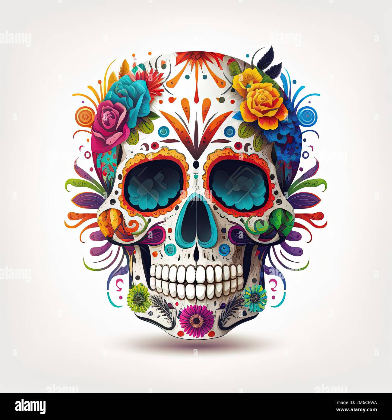 Calavera (Mexican Sugar skull), isolated on white background, colorful, floral skull for dia de los muertos (Day of the Dead) Stock Photo