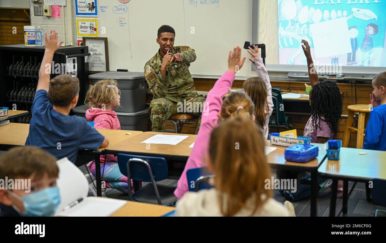 Airman 1st Class Coleman Wood, 649th Munitions Squadron, takes questions from students at Hill