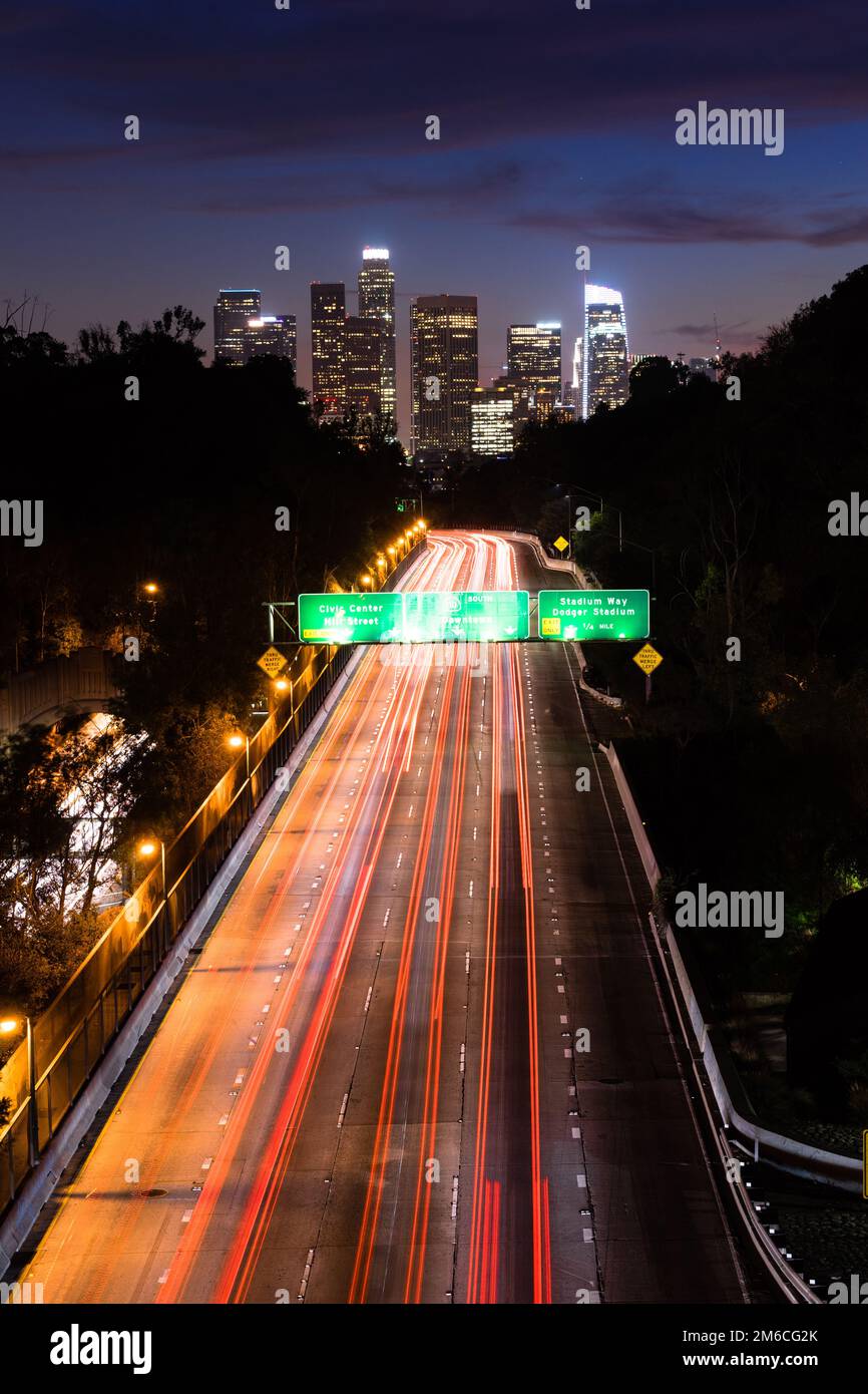 Interstate Highway 110 Leads Commuters into Los Angeles at Sunset Stock Photo