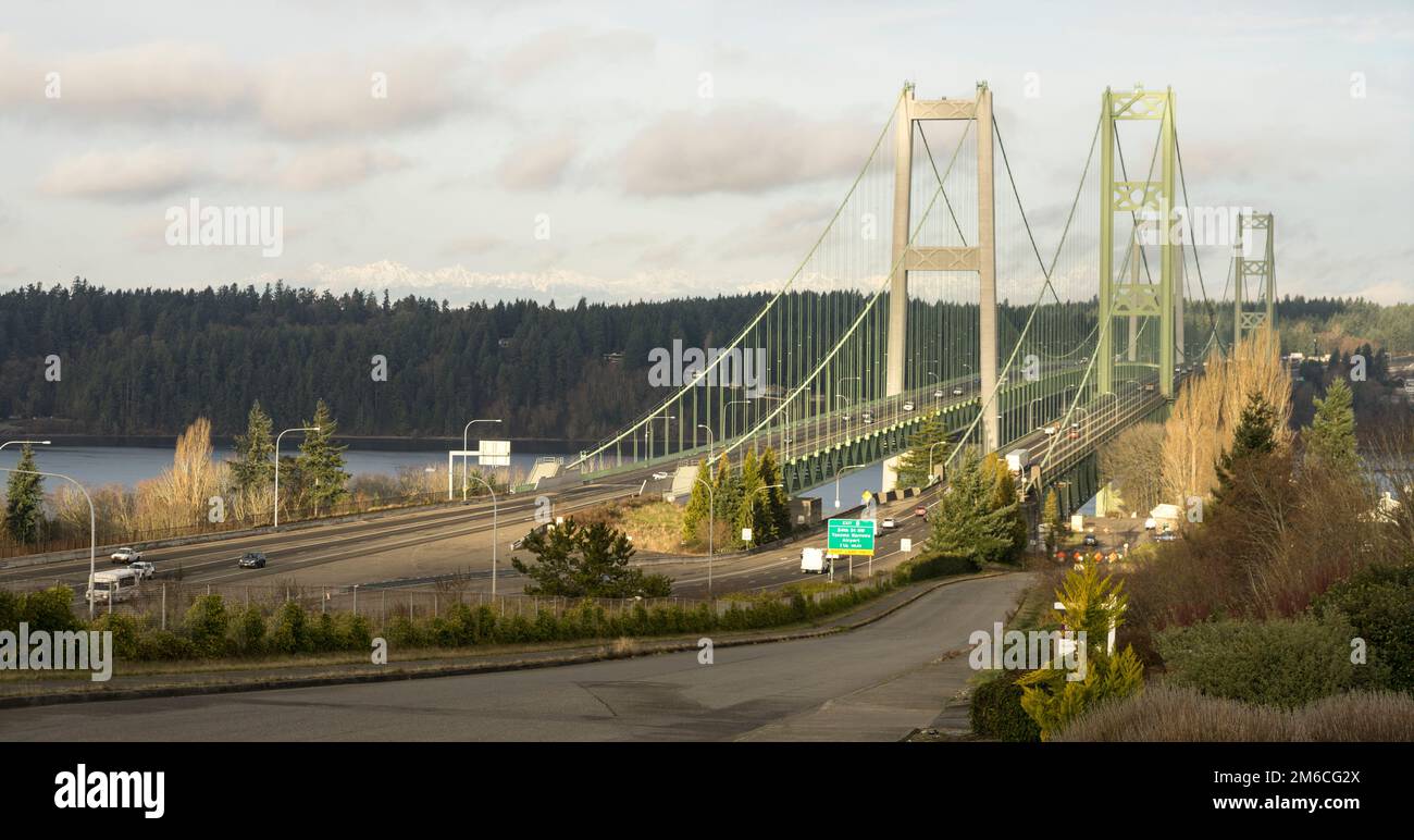 Commuters Travel Back and Forth Tacoma Narrows Bridges Tacoma Stock