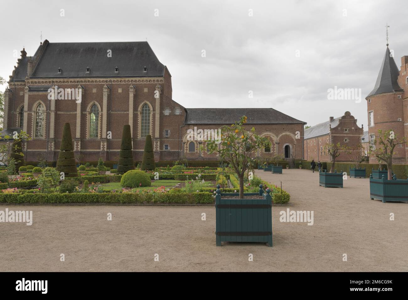 Hoeselt, Limburg Belgium 13.05.2021. Orange trees in flower beds in
