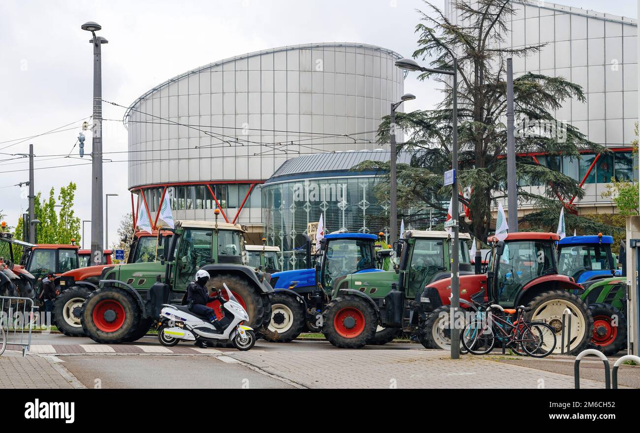 Strasbourg, France - April 30, 2021: One thousand tractors roll for farmer protest in front of European Court of Human Rights Stock Photo