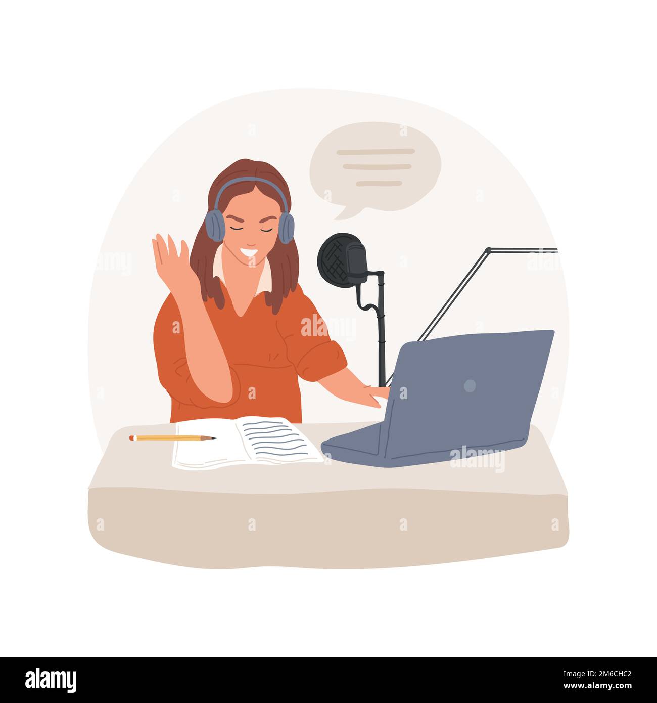 Podcasts isolated cartoon vector illustration. Smiling woman recording a podcast on her laptop with headphones, people lifestyle, getting new knowledge, mental development vector cartoon. Stock Vector