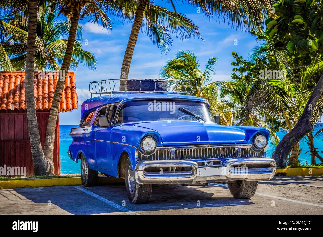 HDR - American blue classic car parked on the beach in Varadero Cuba ...