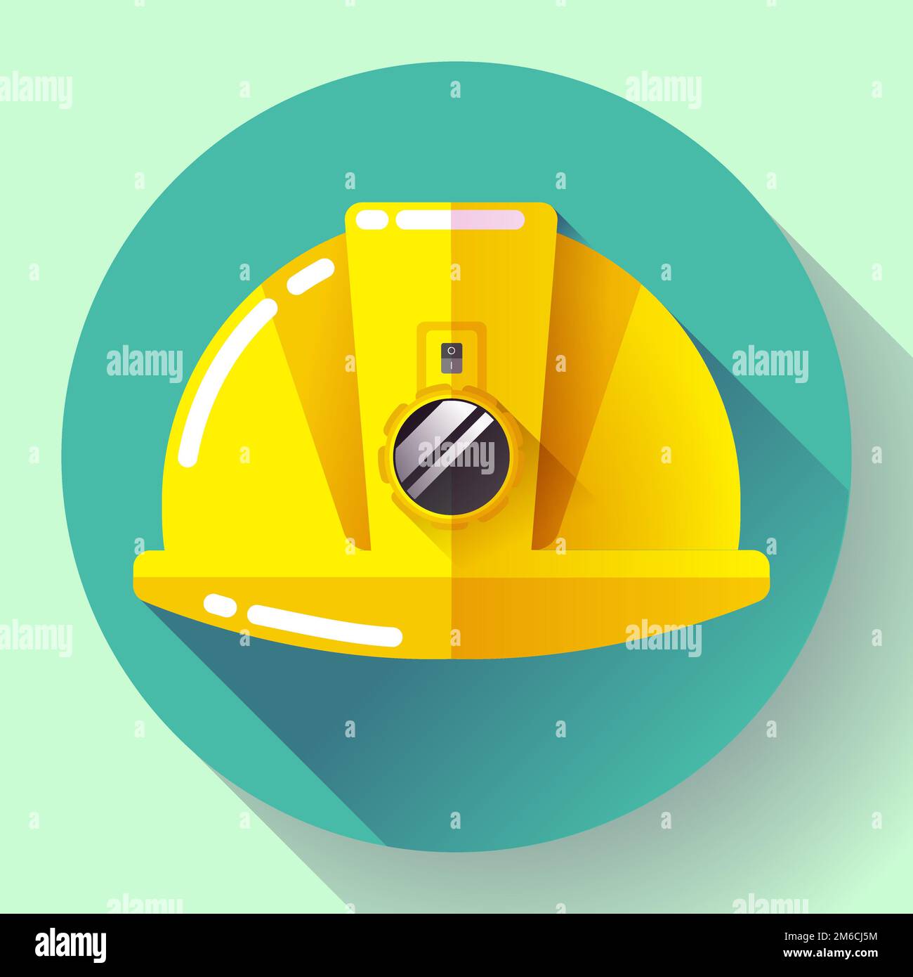 Yellow construction worker helmet with flashlight icon. Flat design style. Stock Photo