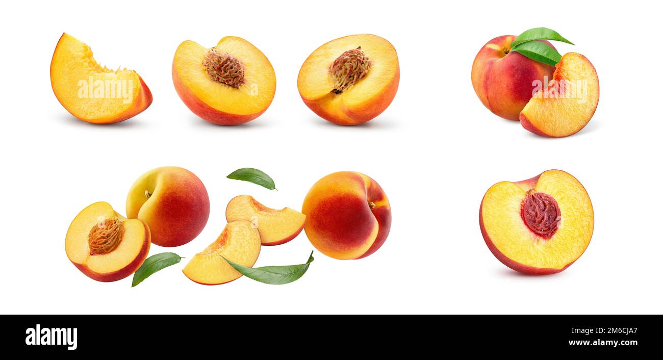 Peach isolated on white background, collection of ripe whole and sliced peaches with clipping path Stock Photo