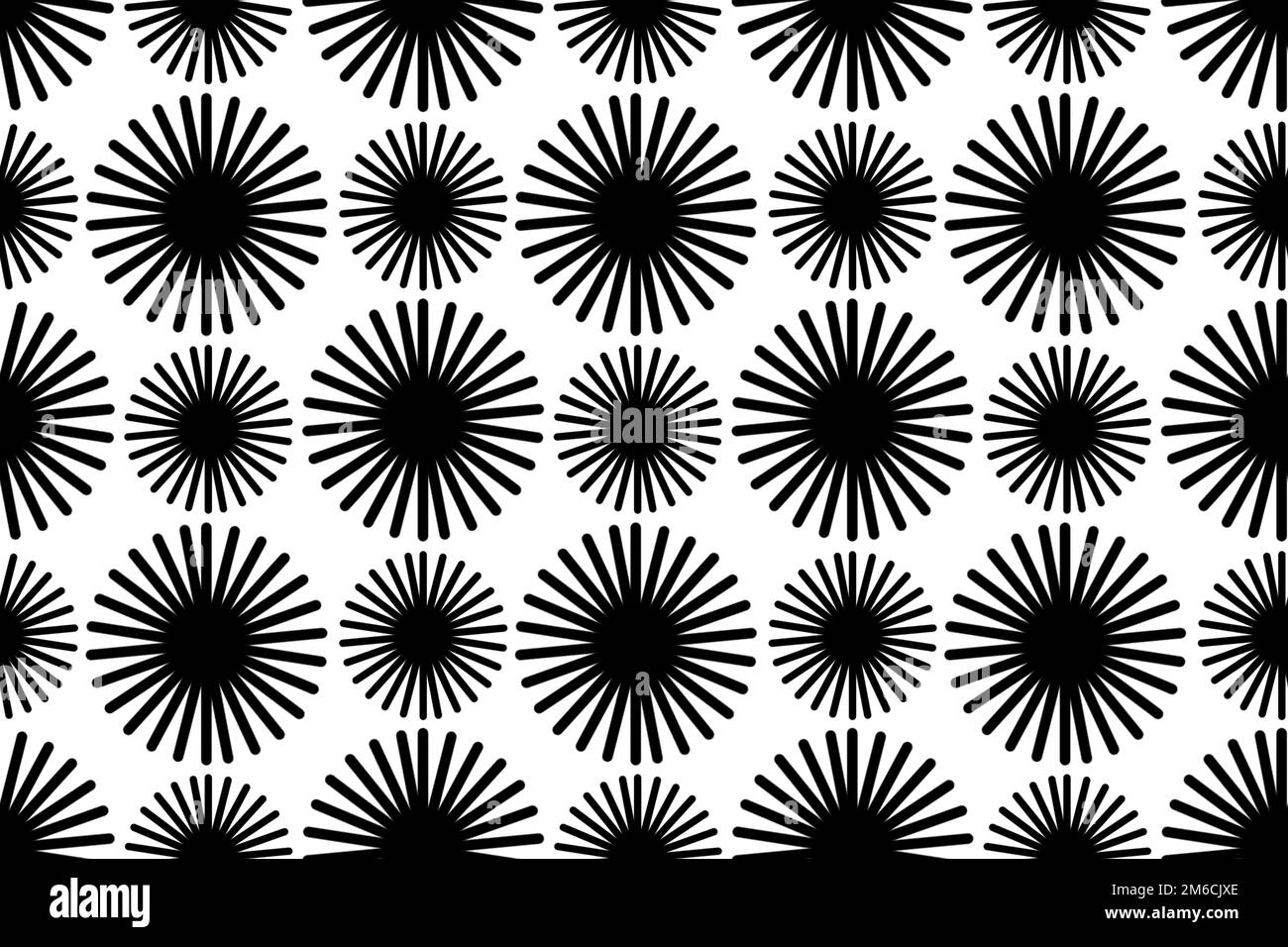 Abstract seamless pattern of black circles with rays on white background Stock Photo