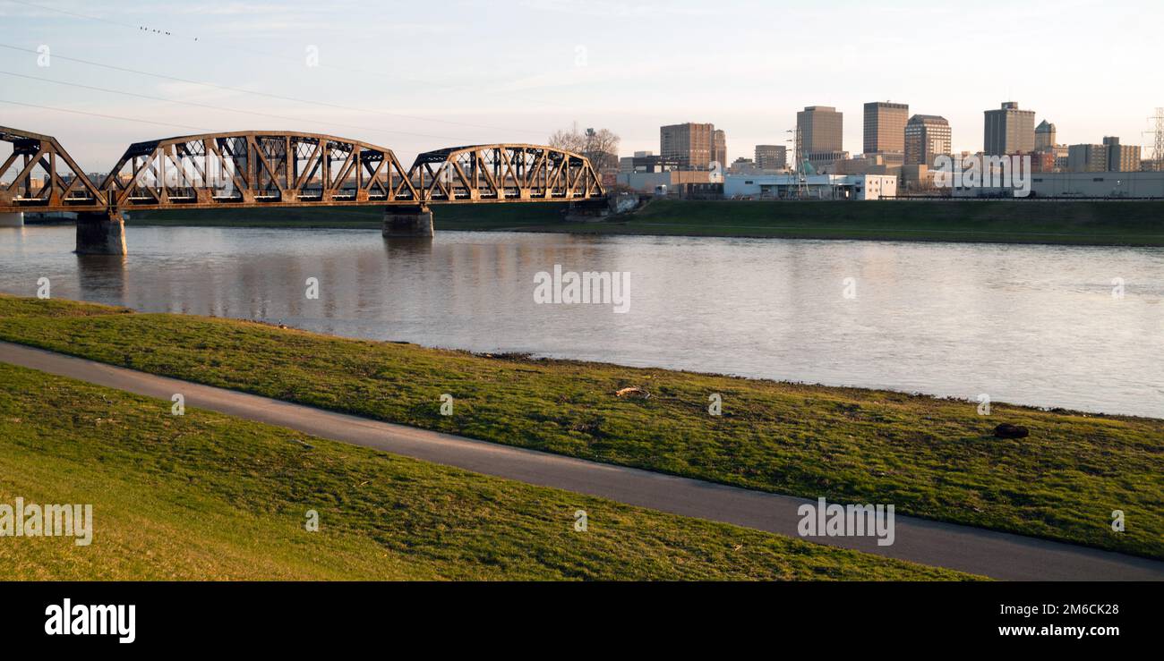 Lonely Sunday Morning Msd River Downtown City Skyline Dayton Ohio Stock Photo