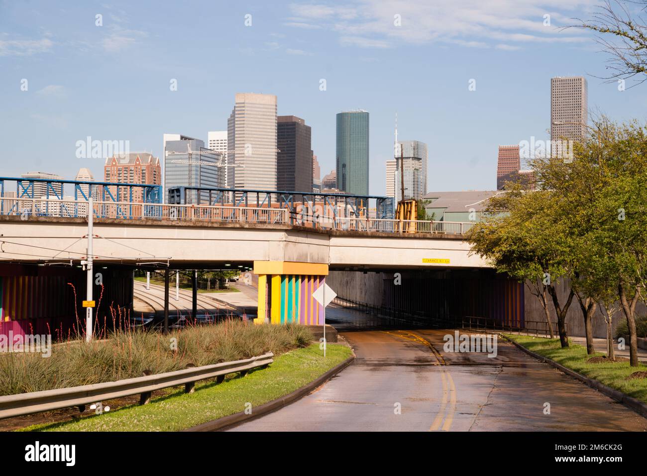 Overpass Tunnel Road Towards Houston Texas Downtown City Skyline Stock