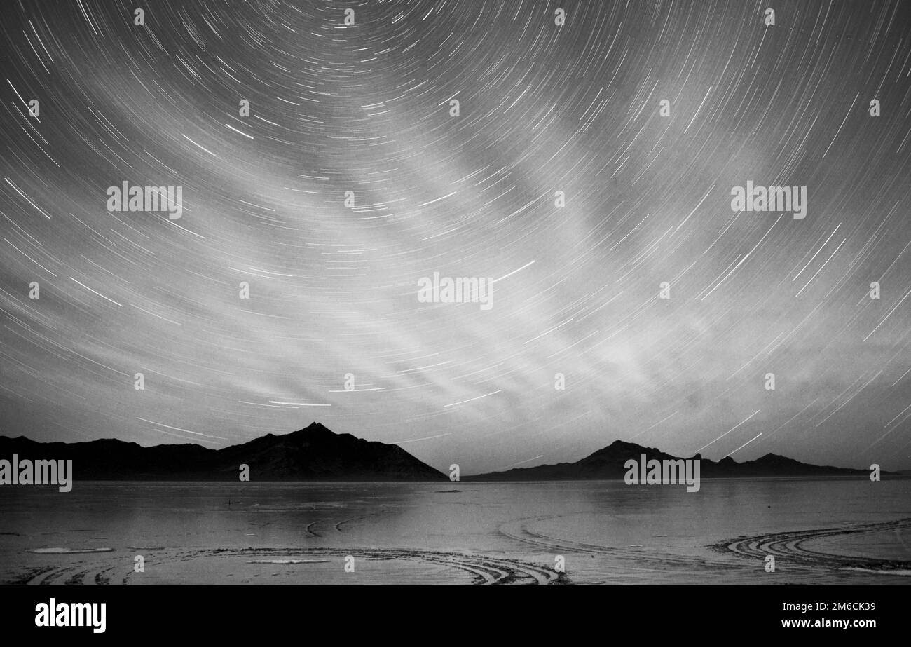 Bonneville Salt Flats Graham Peak Night Sky Mountain Range Stock Photo