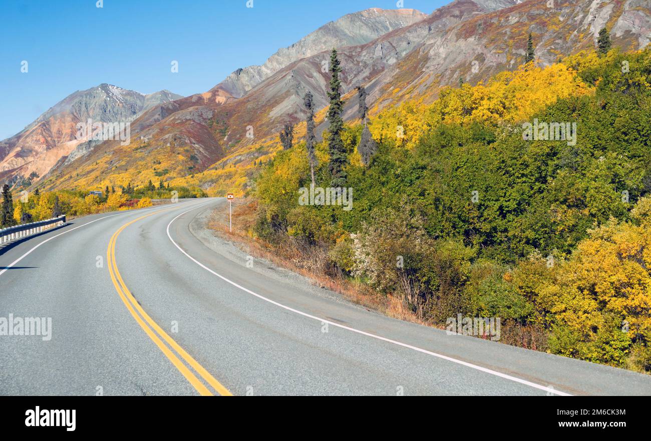 Roadside Sign Marker Indicates Photo Pull Out Ahead Alaska Stock Photo
