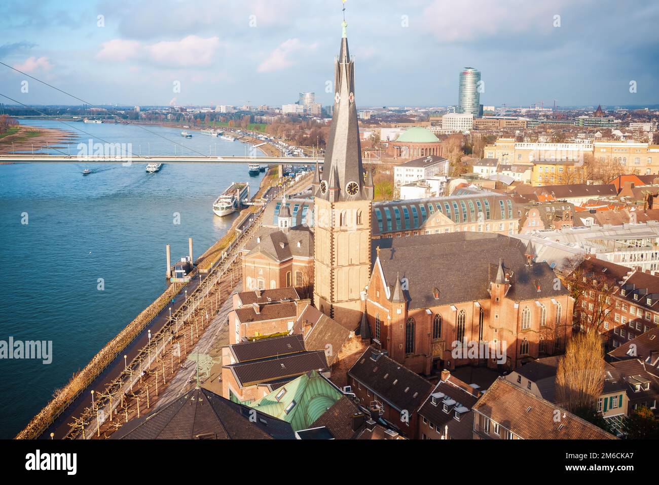 skyline of Dusseldorf with church view near canal. Stock Photo