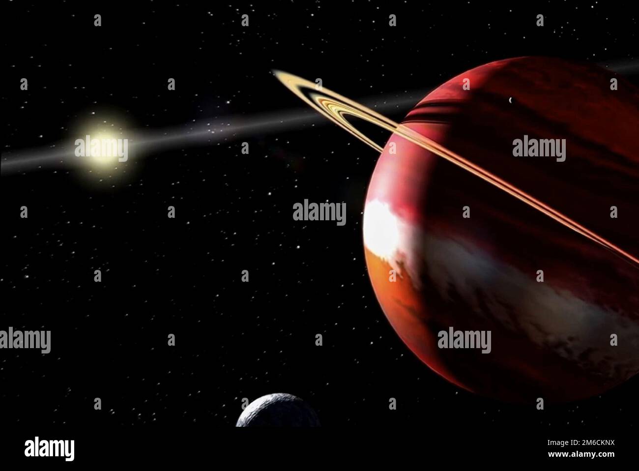 The planet is a gas giant with rings, similar to Saturn Stock Photo