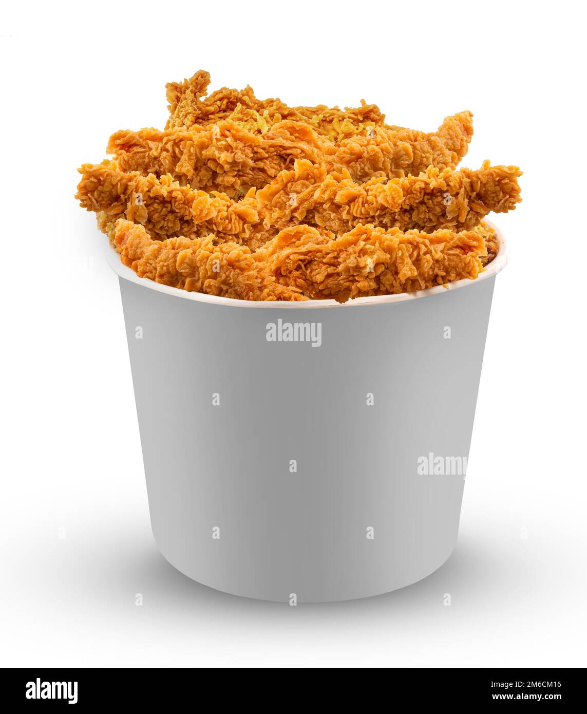 Fried Chicken hot crispy strips crunchy pieces Bucket - large box isolated on white background Stock Photo