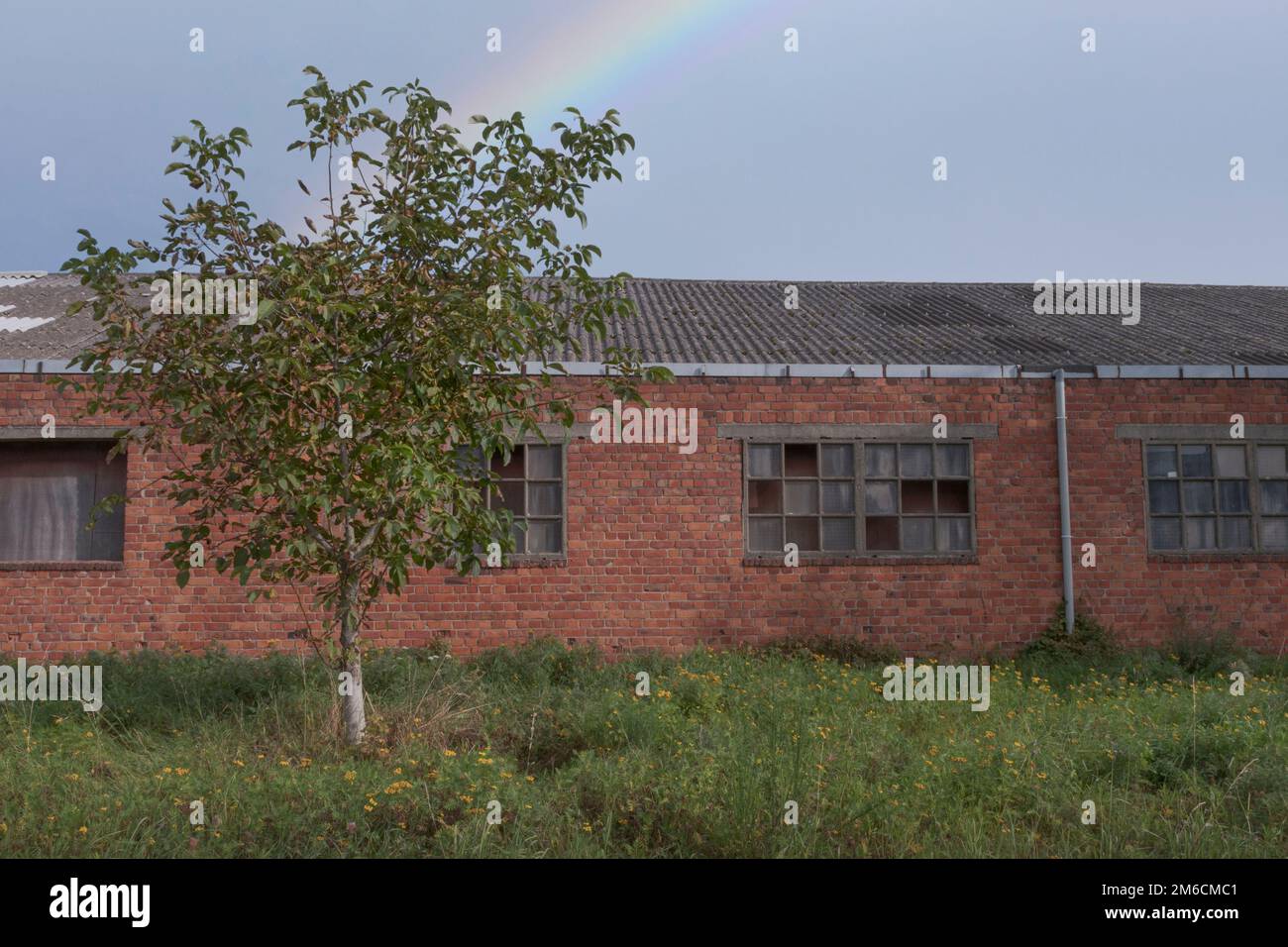 Old abandoned building on the outskirts of the city. Blue sky, rainbow Stock Photo