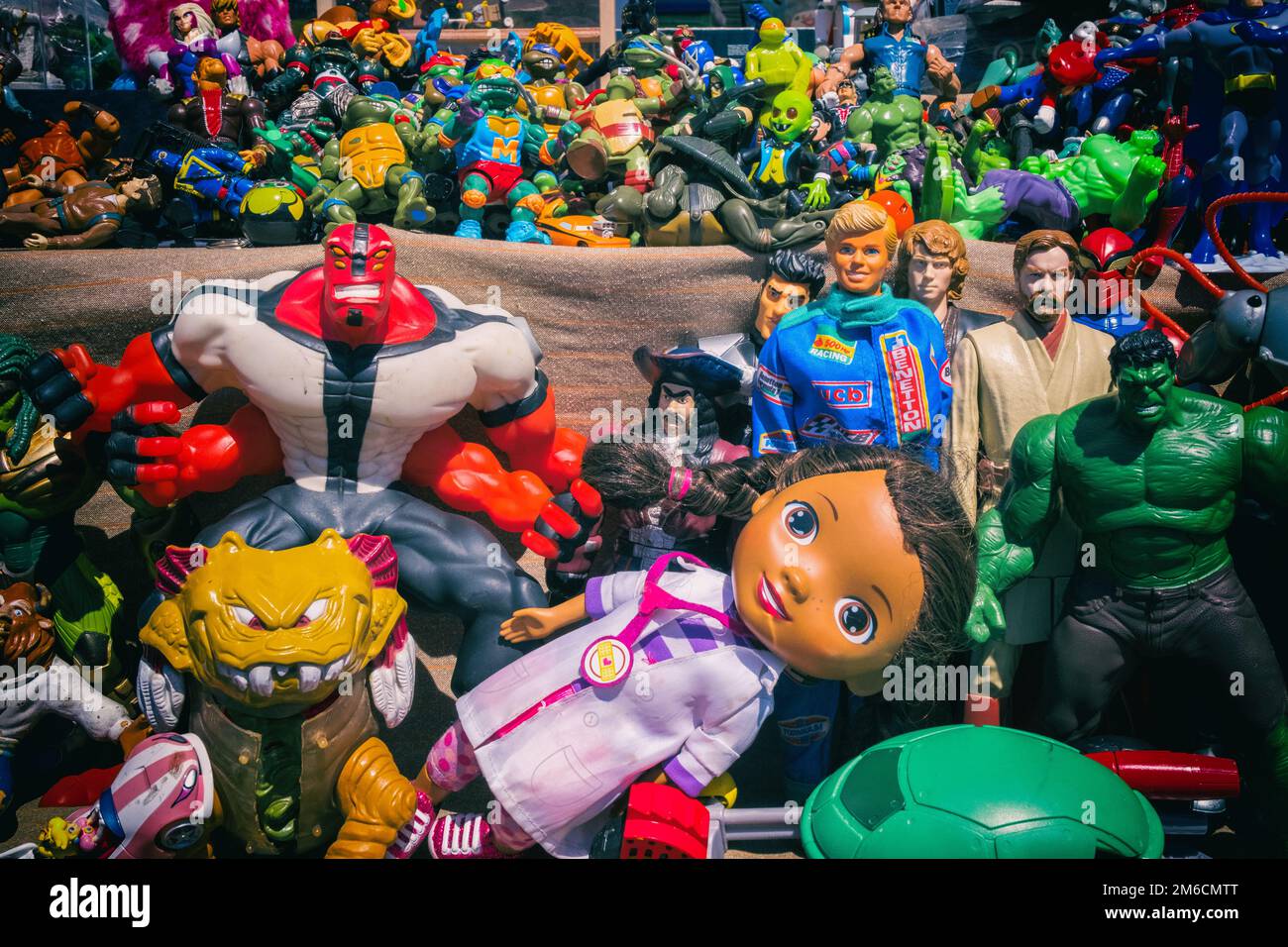 Action figure of cartoons and movie characters. Stock Photo
