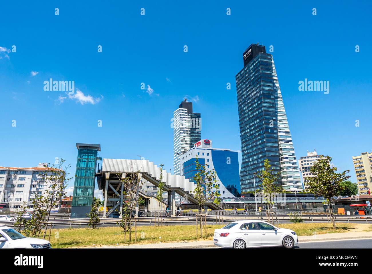 Trump Towers scyscrapers seen behind a bus station in Istanbul, Turkey. High-rise buildings of Istanbul Stock Photo
