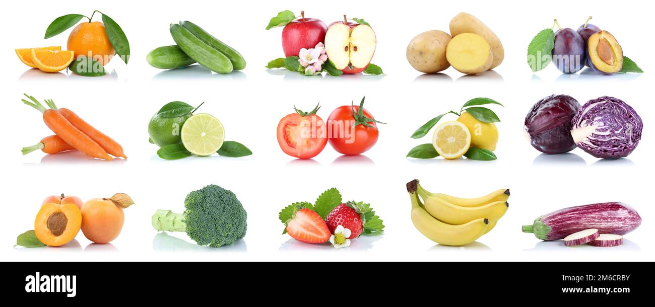 Fruit and vegetables fruits many apple tomatoes oranges lemons colors clipping isolated Stock Photo
