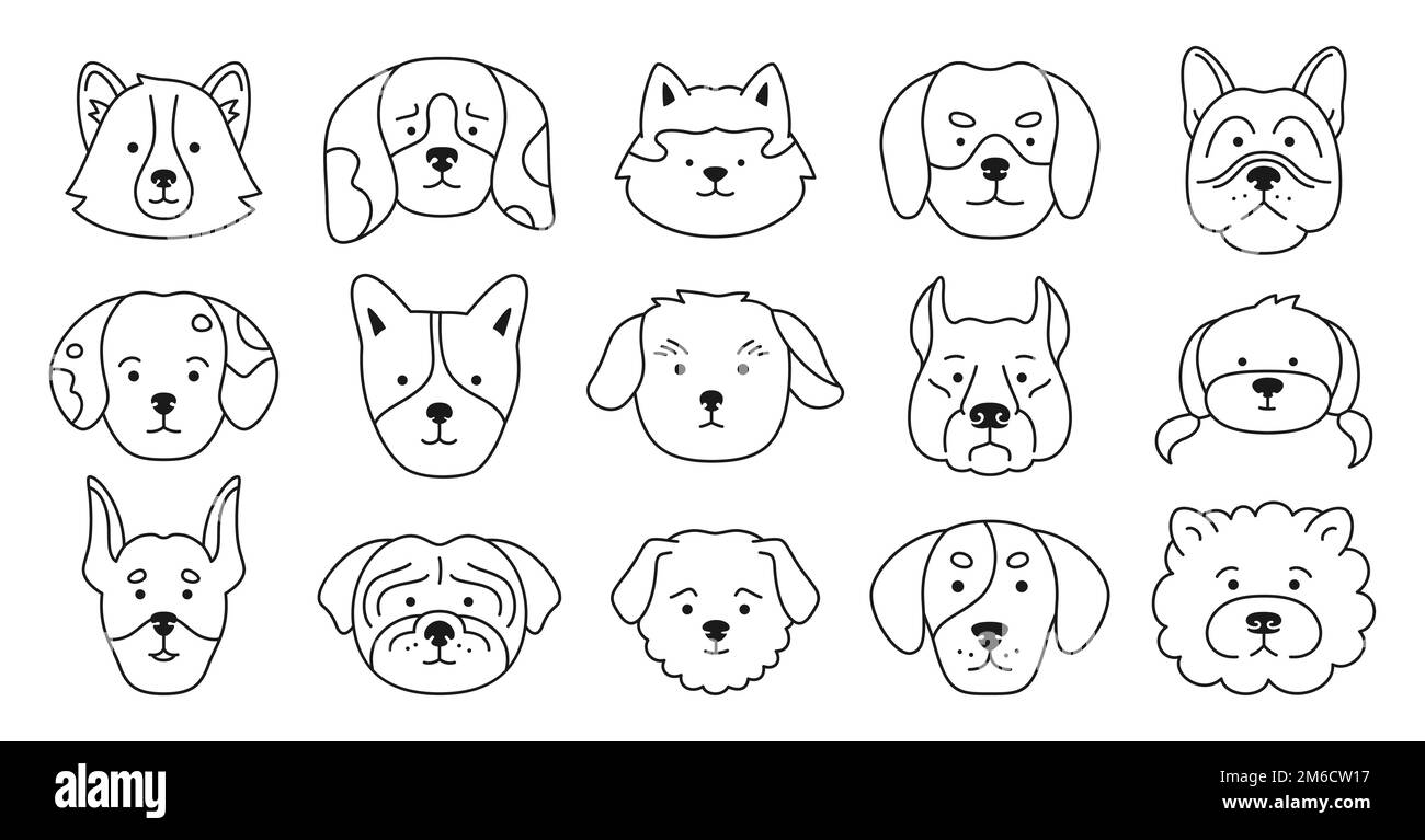 Dog faces emotion doodle outline character set. Cute puppy kawaii head muzzle linear icon. Smiling funny childish doggy pet baby contour illustration. Comic drawing template for kid card, poster cover Stock Vector