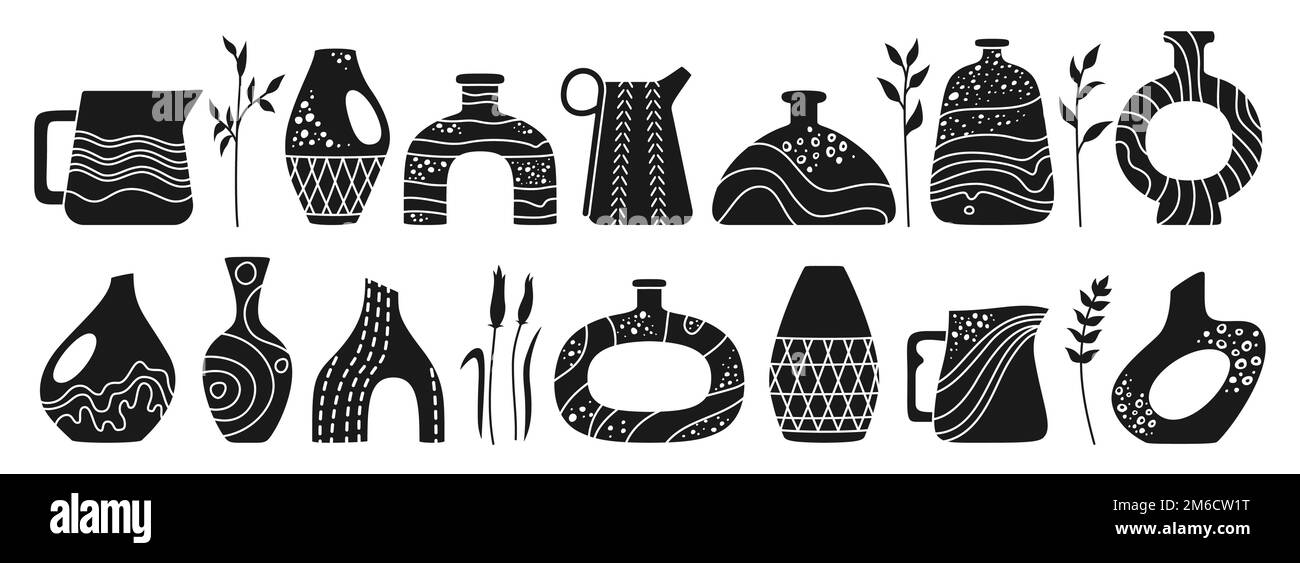 Vase shape and ceramic pot, jug or jar bottles doodle stamp set. Cozy