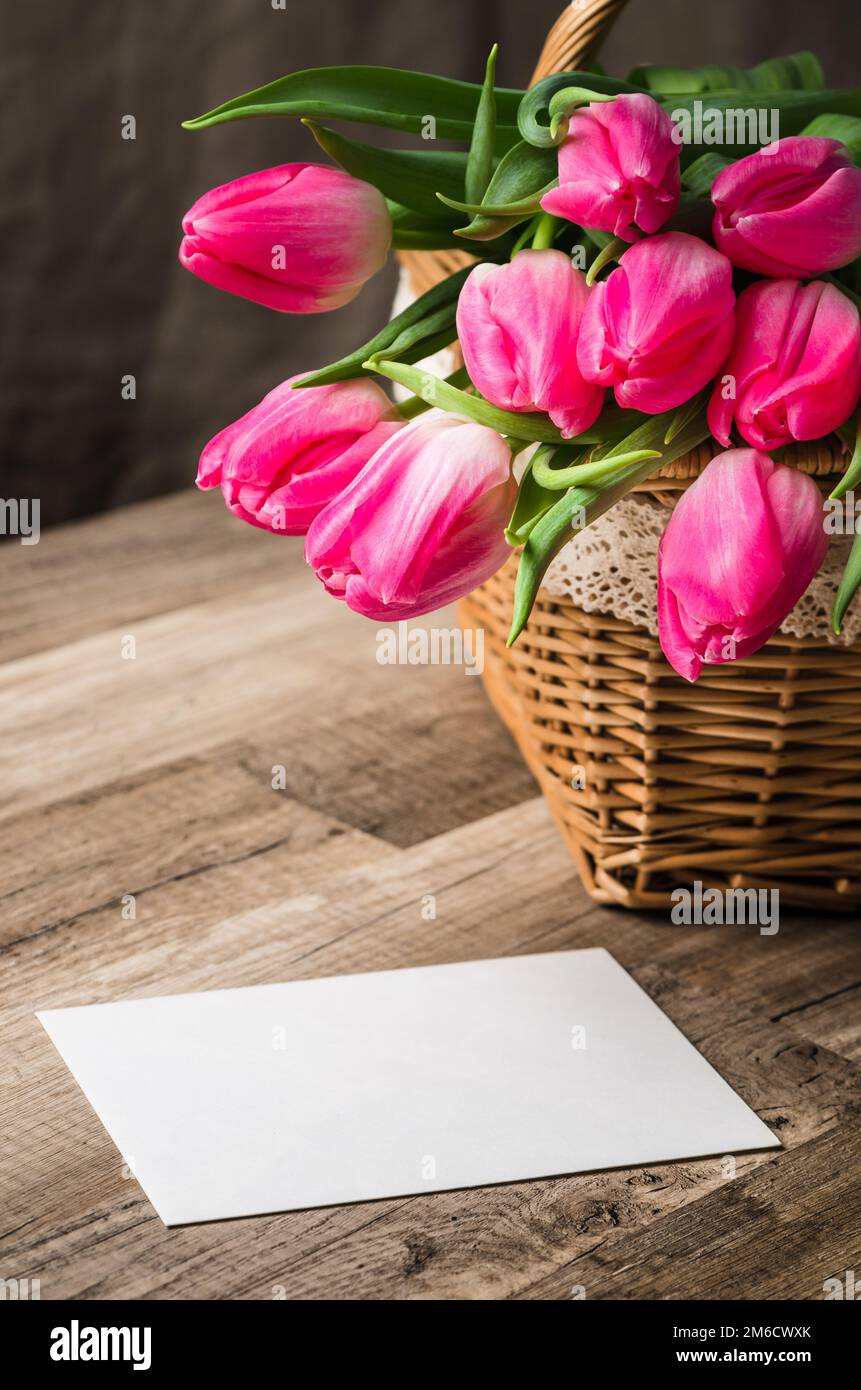 Beautiful bouquet of pink tulips and congratulations on the tabl Stock
