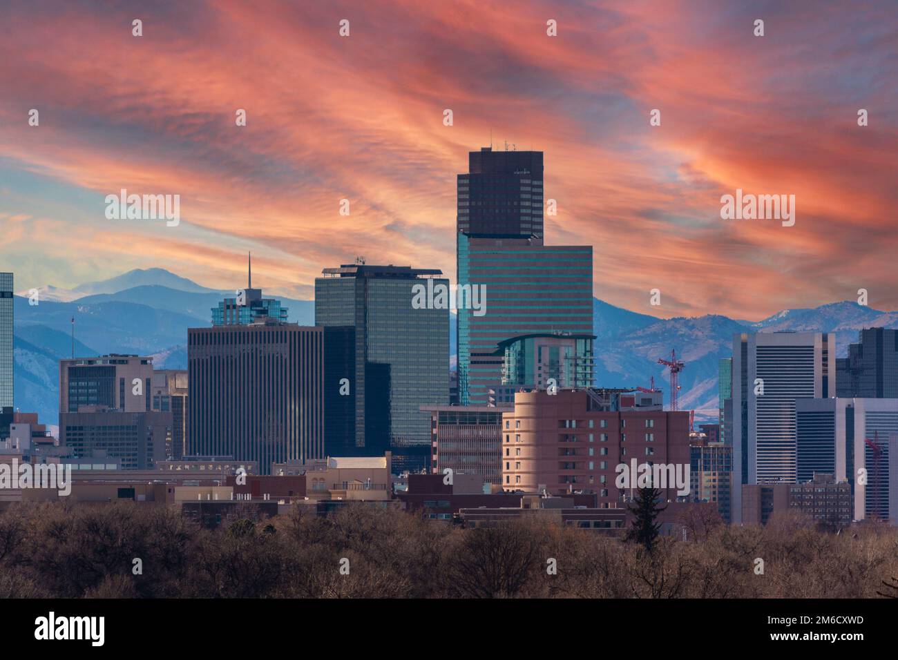 Downtown Denver, Colorado Skyscrapers with the Rocky Mountains in the