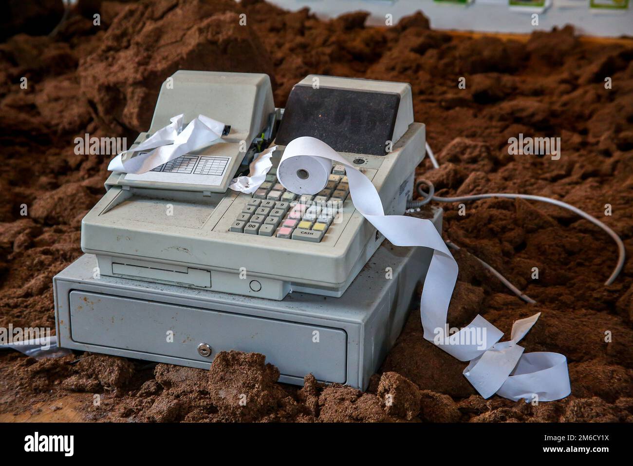 Old cash register with cash register tape Stock Photo Alamy