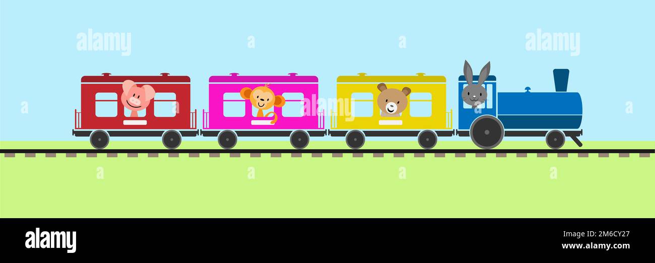 Color children's train with cars and locomotive carries animals Stock Photo