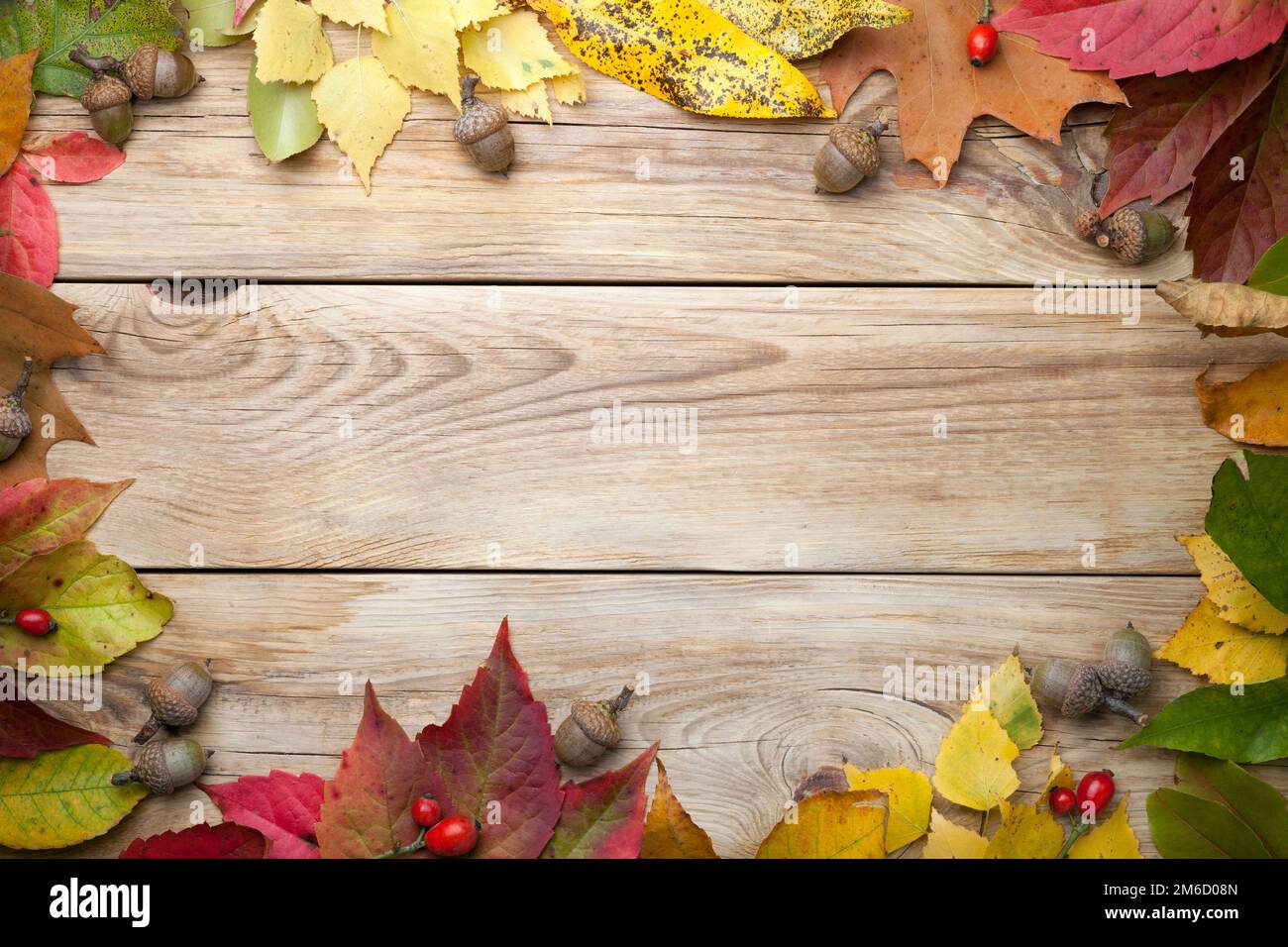 Autumn Leaves And Acorns On Wood Background Stock Photo - Alamy