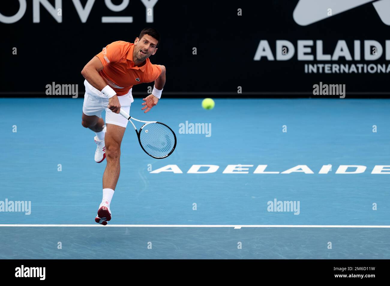 Adelaide, , 3 January, 2023. Novak Djokovic of Serbia serves the ball during the Adelaide International tennis match between Novak Djokovic of Serbia and Constant Lestienne of France at Memorial Drive on January 03, 2023 in Adelaide, Australia. Credit: Peter Mundy/Speed Media/Alamy Live News Stock Photo