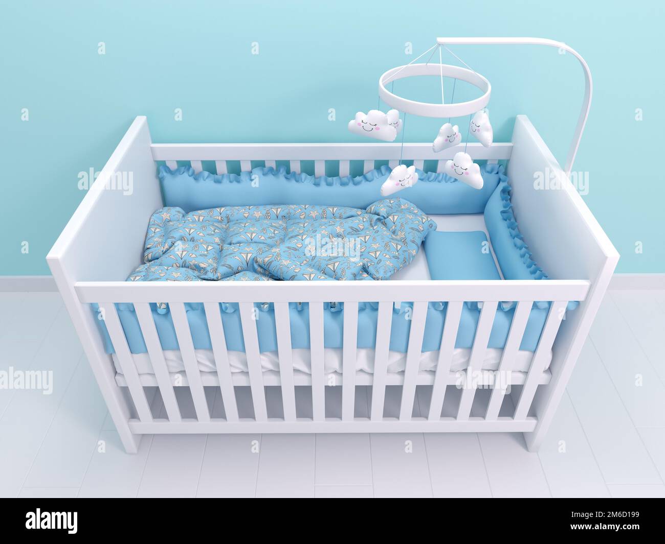 Image of white baby cot with decor Stock Photo
