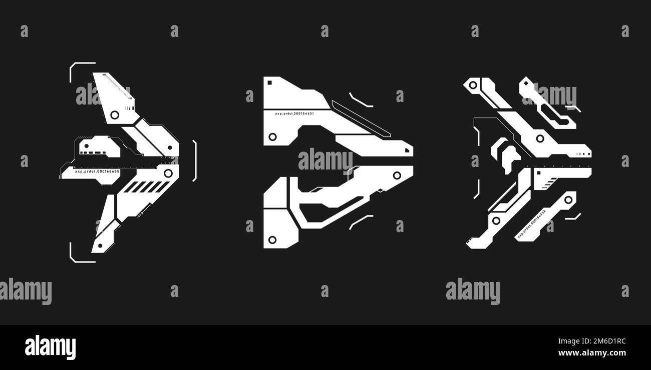 Set of cyberpunk arrows. Kit of futuristic interface cyber elements. Cyberpunk pointers, direction. Set of tech style arrows for design of game UI Stock Vector